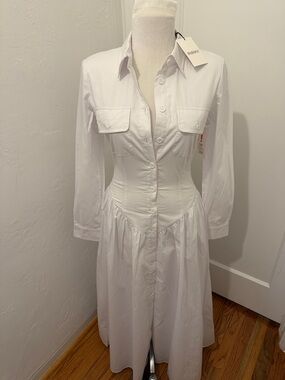 Bardot White Long-Sleeve Button Shirt Dress with Fitted Waist
